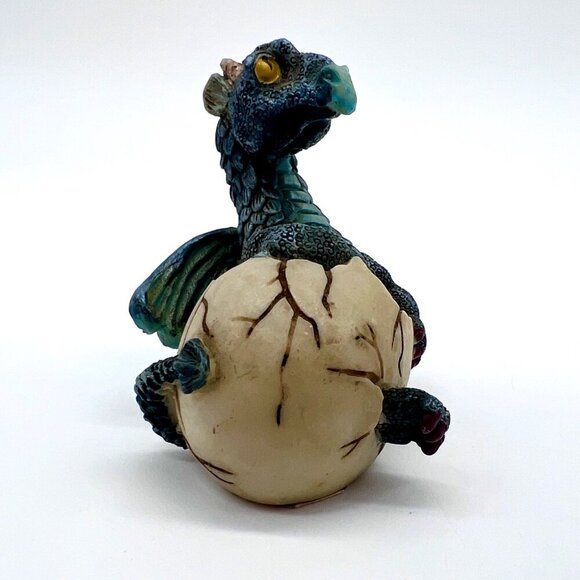 Blue Baby Dragon Hatchling Figurine in Cracked Egg Fantasy Mini Statue - Picture 4 of 7